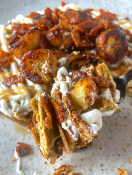 Jumbo Banana Beef Liver Pancakes with Fried Bananas, Bacon, and Whipped Cream Drizzle