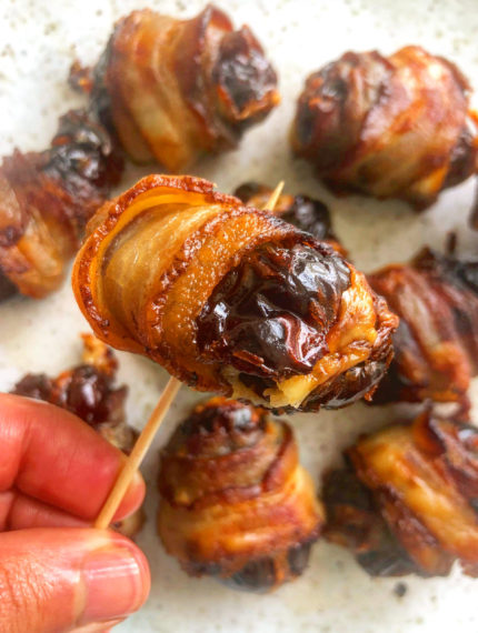 Bacon-Wrapped Dates Stuffed with Raw Cheese